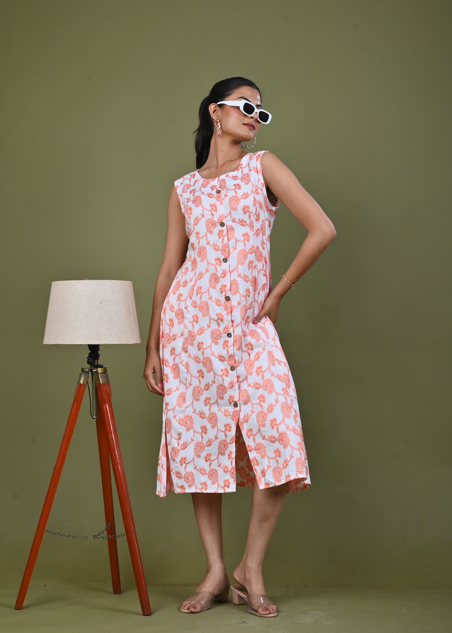 Paisley Woven A-Line Paneled Midi Dress - Orange