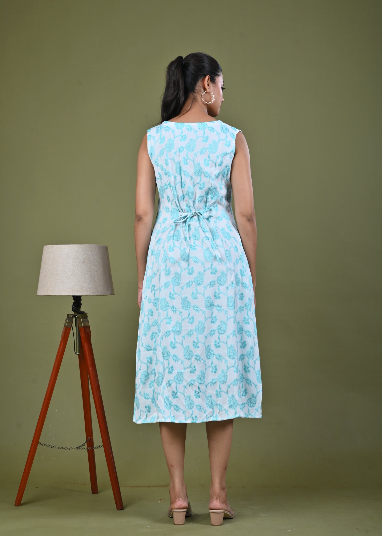Paisley Woven A-Line Paneled Midi Dress - Green
