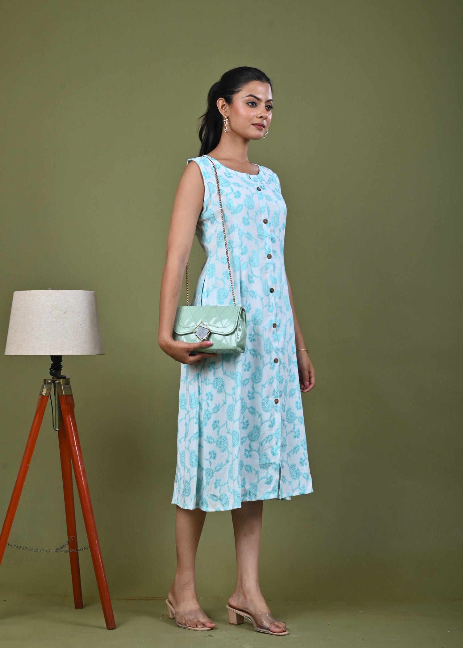 Paisley Woven A-Line Paneled Midi Dress - Green
