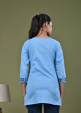 Solid Cross Stitch Embroidered Straight Fit Cotton Kurti - Blue