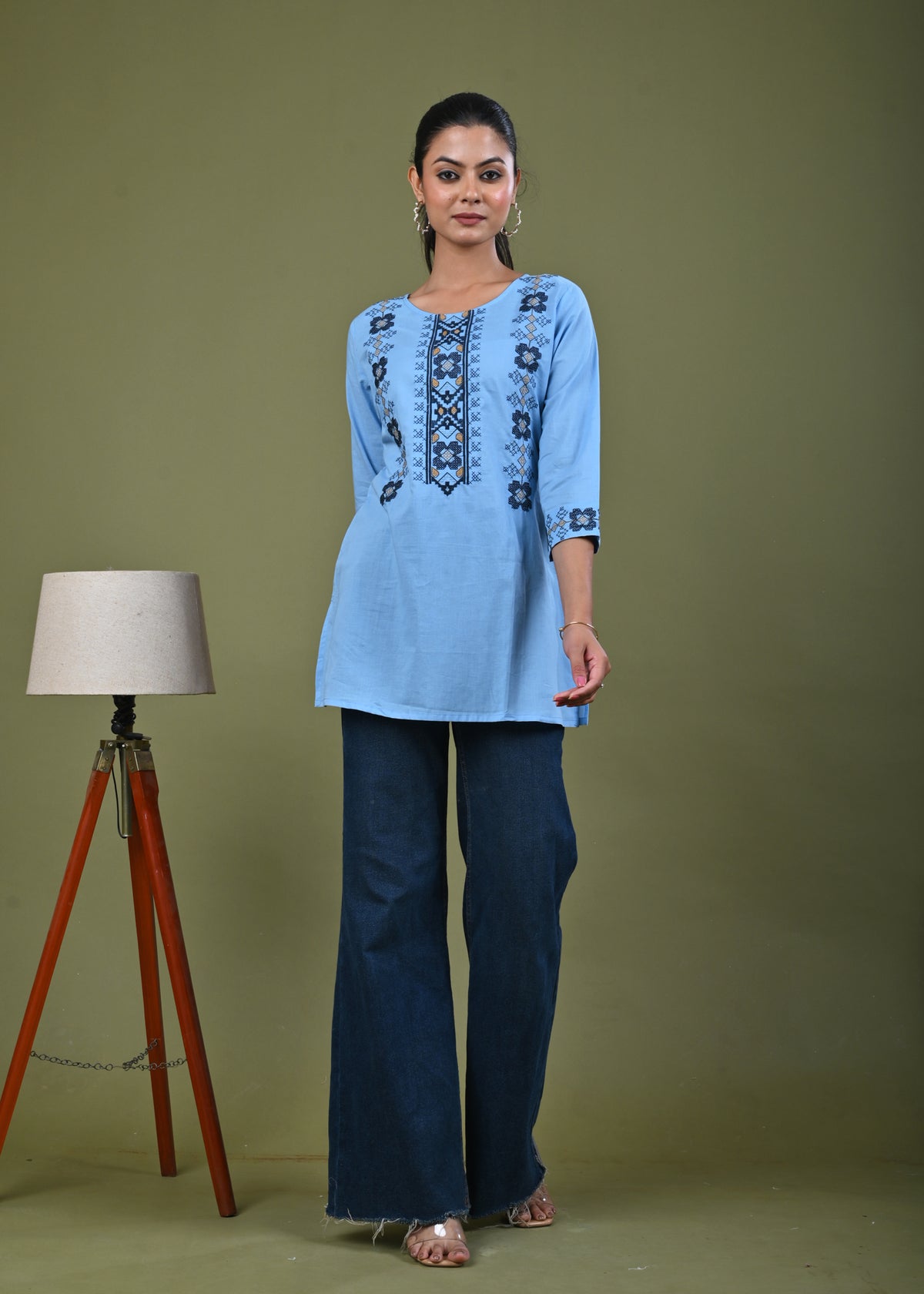 Solid Cross Stitch Embroidered Straight Fit Cotton Kurti - Blue
