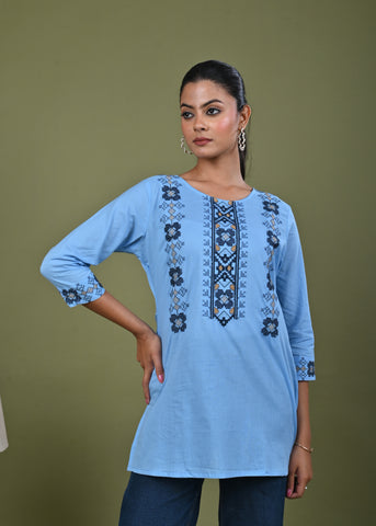 Solid Cross Stitch Embroidered Straight Fit Cotton Kurti - Blue