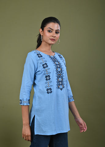 Solid Cross Stitch Embroidered Straight Fit Cotton Kurti - Blue