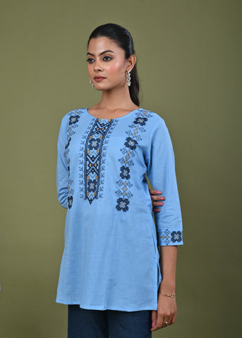Solid Cross Stitch Embroidered Straight Fit Cotton Kurti - Blue