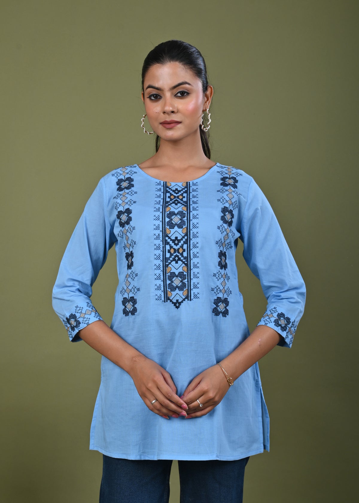 Solid Cross Stitch Embroidered Straight Fit Cotton Kurti - Blue