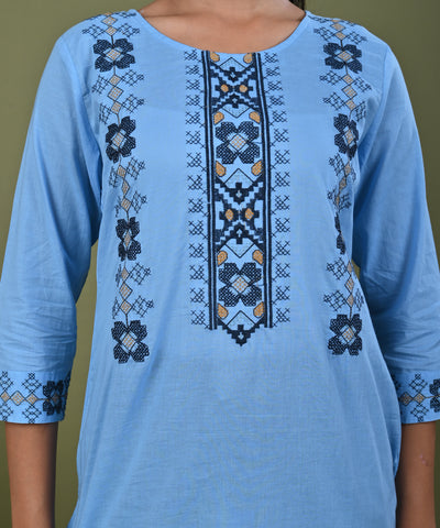 Solid Cross Stitch Embroidered Straight Fit Cotton Kurti - Blue