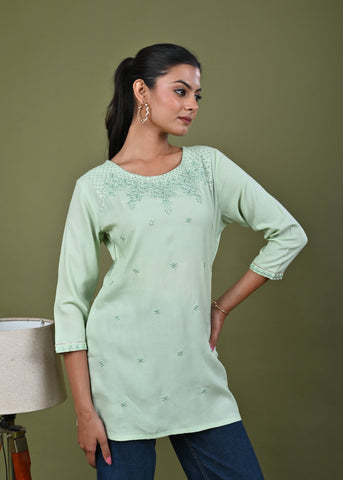 Floral Threadwork Embroidered Straight Fit Kurti - Light Green