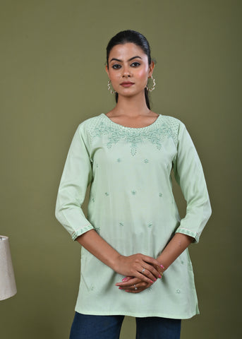 Floral Threadwork Embroidered Straight Fit Kurti - Light Green