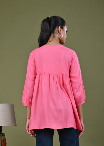 Floral Threadwork Embroidered A-Line Pleated Kurti  - Pink