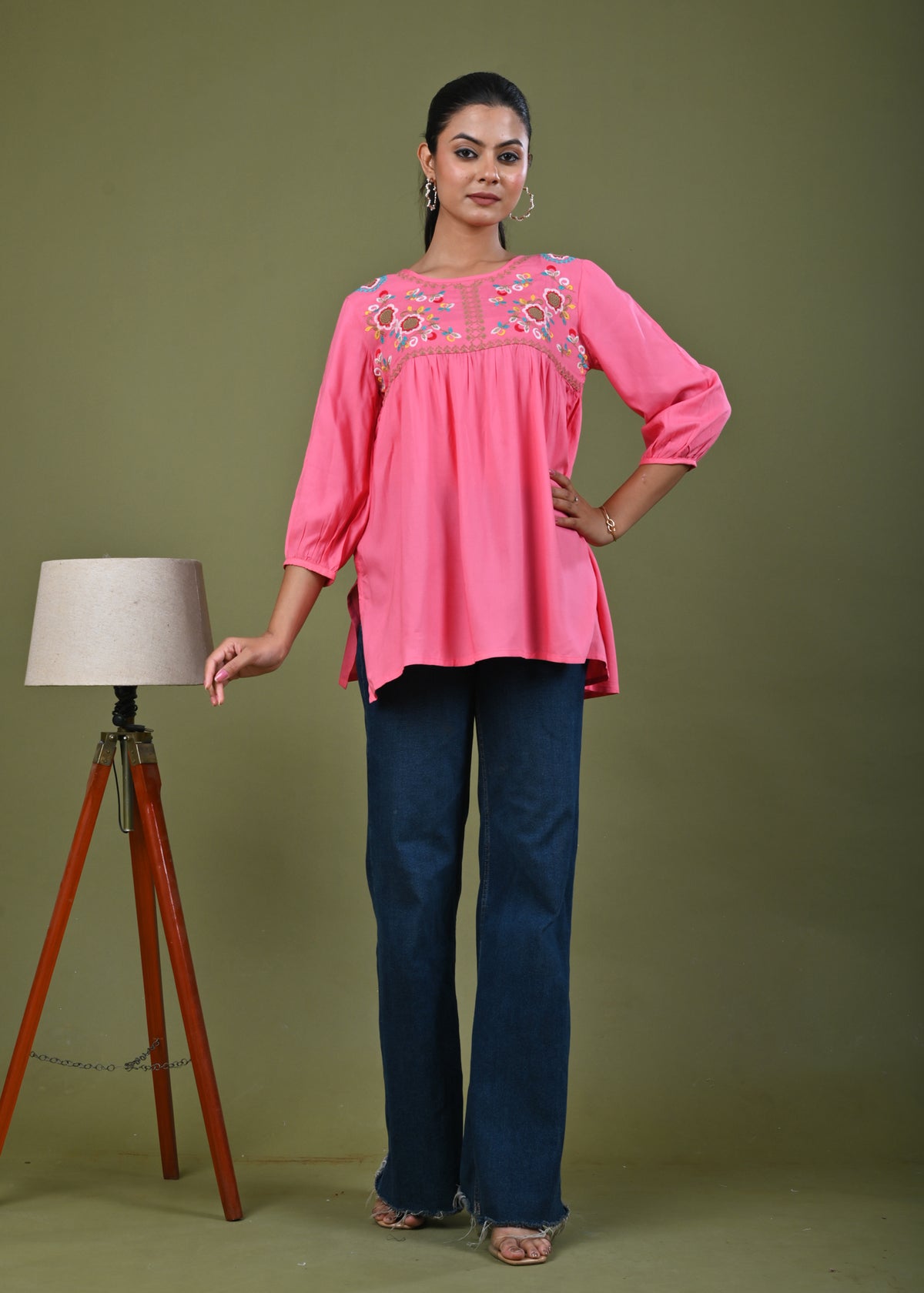 Floral Threadwork Embroidered A-Line Pleated Kurti  - Pink
