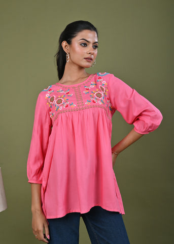 Floral Threadwork Embroidered A-Line Pleated Kurti  - Pink