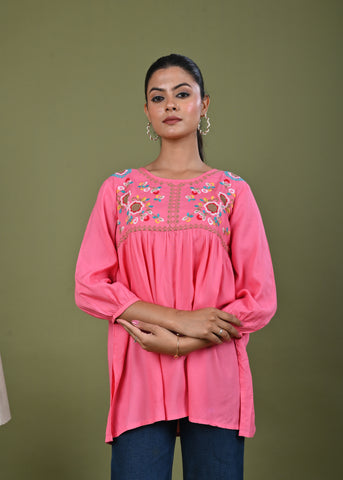 Floral Threadwork Embroidered A-Line Pleated Kurti  - Pink