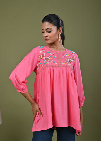 Floral Threadwork Embroidered A-Line Pleated Kurti  - Pink