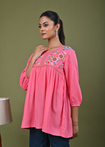 Floral Threadwork Embroidered A-Line Pleated Kurti  - Pink