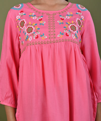 Floral Threadwork Embroidered A-Line Pleated Kurti  - Pink