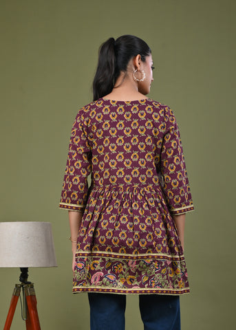 Ethnic Floral Printed A-Line Pleated Short Cotton Kurti - Burgundy
