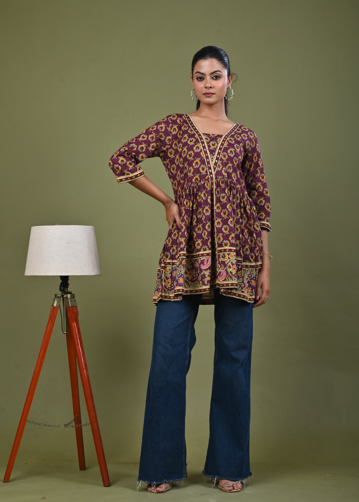 Ethnic Floral Printed A-Line Pleated Short Cotton Kurti - Burgundy