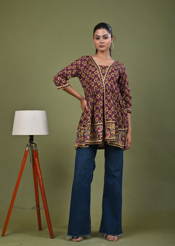 Ethnic Floral Printed A-Line Pleated Short Cotton Kurti - Burgundy