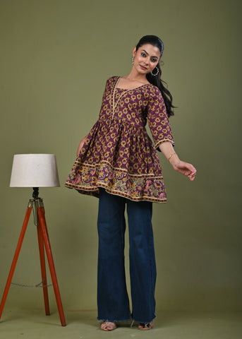 Ethnic Floral Printed A-Line Pleated Short Cotton Kurti - Burgundy