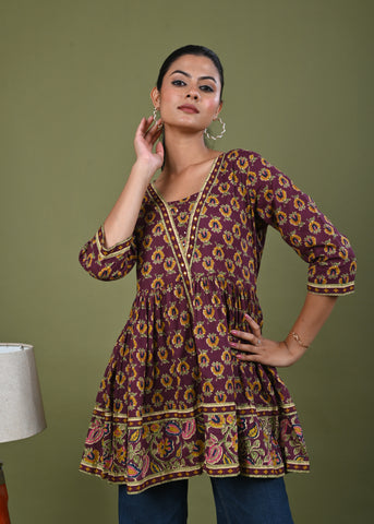 Ethnic Floral Printed A-Line Pleated Short Cotton Kurti - Burgundy
