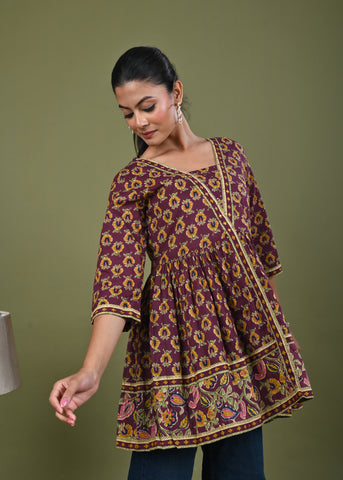 Ethnic Floral Printed A-Line Pleated Short Cotton Kurti - Burgundy