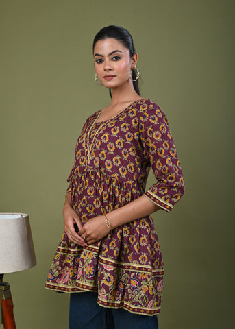 Ethnic Floral Printed A-Line Pleated Short Cotton Kurti - Burgundy