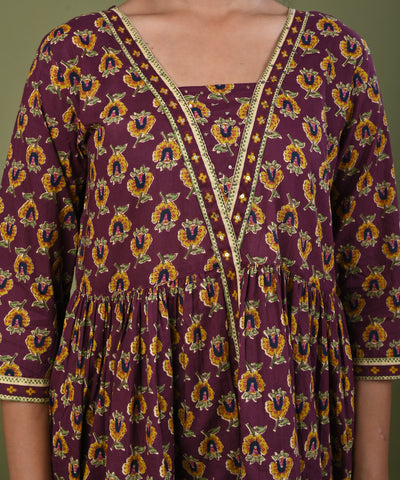 Ethnic Floral Printed A-Line Pleated Short Cotton Kurti - Burgundy