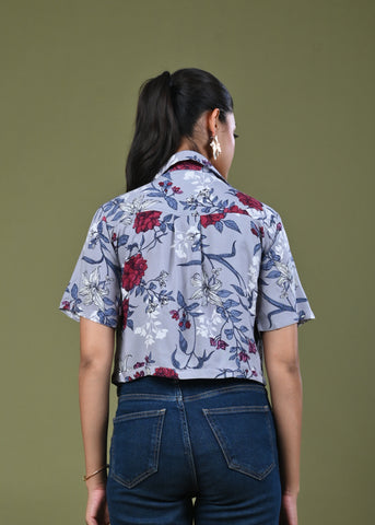 Floral Printed Straight Fit Crop Top - Grey