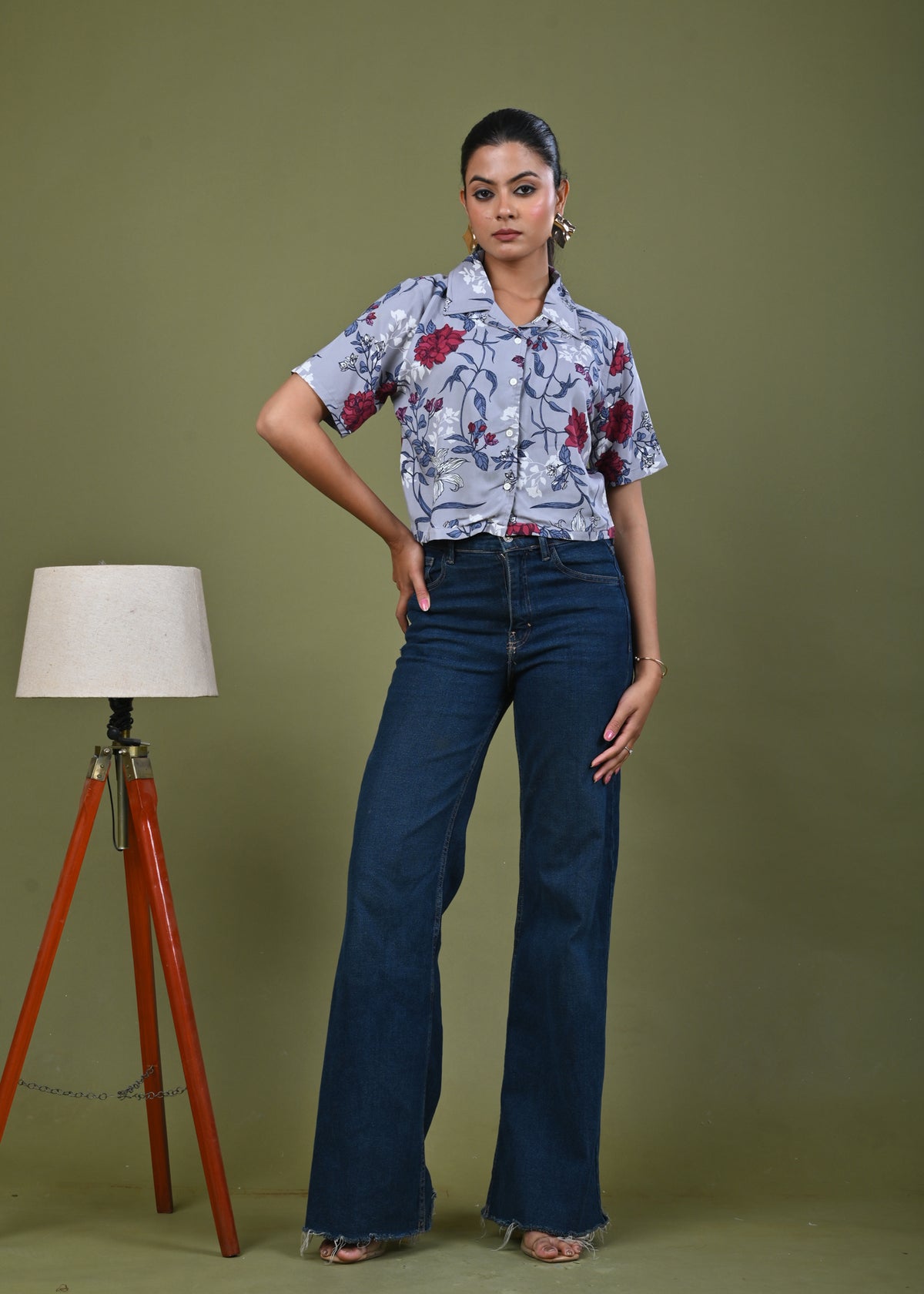 Floral Printed Straight Fit Crop Top - Grey