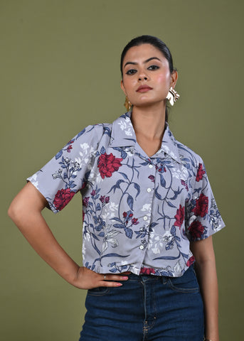 Floral Printed Straight Fit Crop Top - Grey