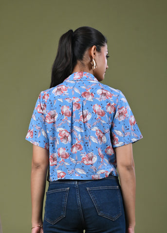 Floral Printed Straight Fit Crop Top - Blue