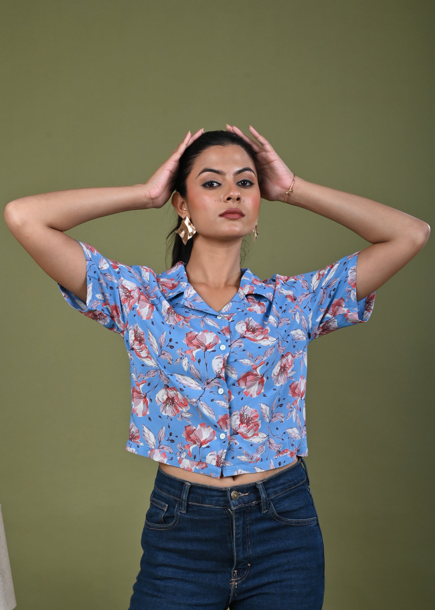 Floral Printed Straight Fit Crop Top - Blue