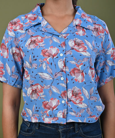 Floral Printed Straight Fit Crop Top - Blue