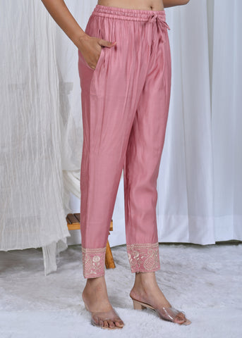 Solid Ethnic Dori Embroidered Straight Fit Silk Kurta with Pant & Dupatta - Pink