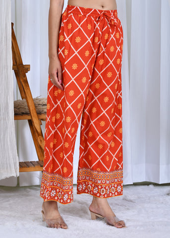 Ethnic Floral Printed & Hand Embroidered Straight Fit Kurta with Palazzo & Dupatta - Rust