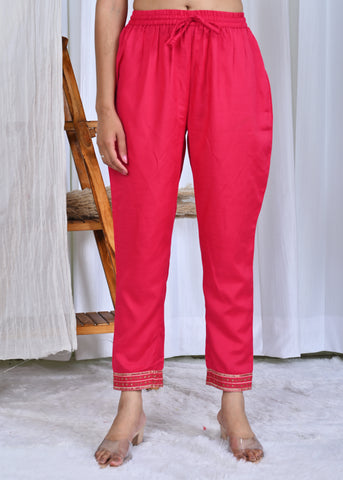 Solid Floral Embroidered Straight Kurta with Pant & Organza Printed Dupatta - Pink