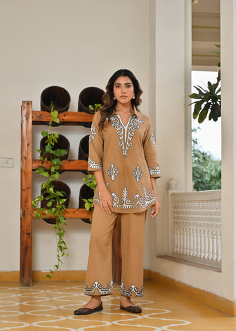 Biege Tribal Motif Embroidered Co-ord Set - Set of 2