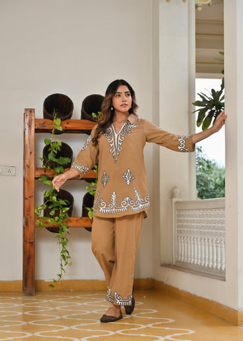 Biege Tribal Motif Embroidered Co-ord Set - Set of 2
