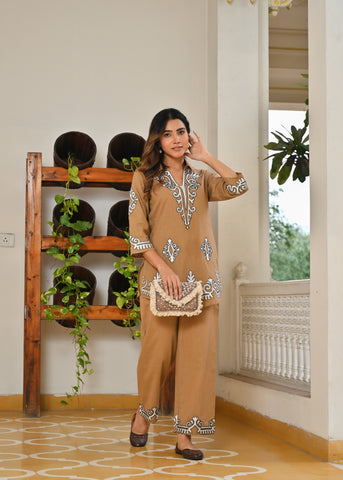 Biege Tribal Motif Embroidered Co-ord Set - Set of 2