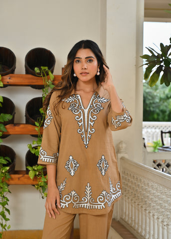 Biege Tribal Motif Embroidered Co-ord Set - Set of 2