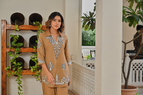 Biege Tribal Motif Embroidered Co-ord Set - Set of 2