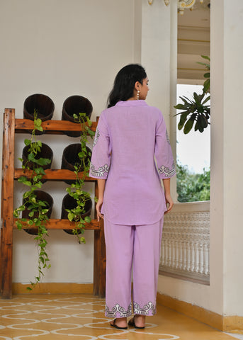 Lavender Tribal Motif Embroidered Co-ord Set - Set of 2
