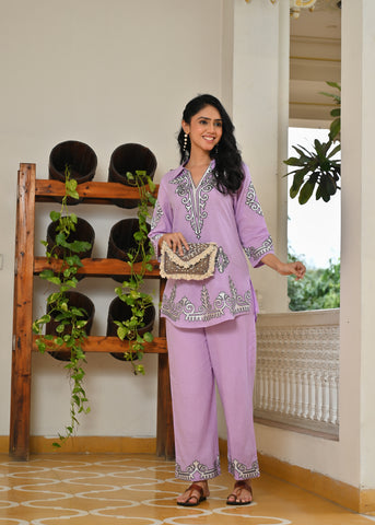 Lavender Tribal Motif Embroidered Co-ord Set - Set of 2
