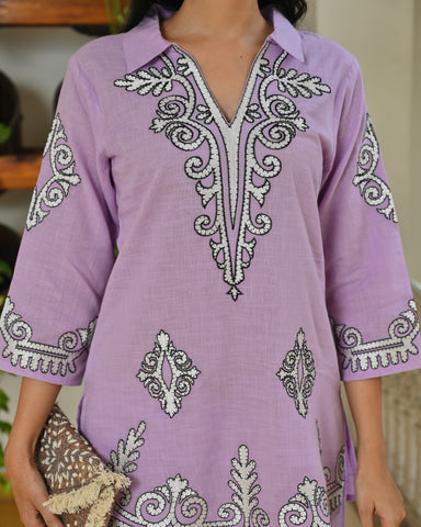 Lavender Tribal Motif Embroidered Co-ord Set - Set of 2