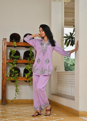 Lavender Tribal Motif Embroidered Co-ord Set - Set of 2