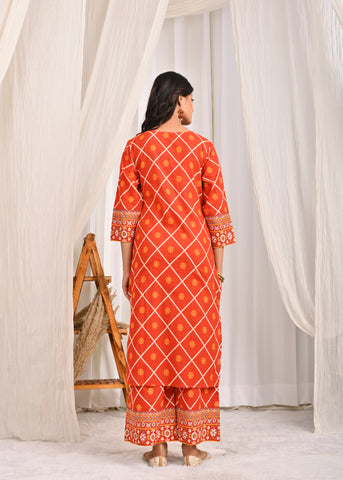 Ethnic Floral Printed & Hand Embroidered Straight Fit Kurta with Palazzo & Dupatta - Rust