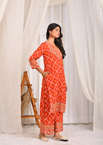 Ethnic Floral Printed & Hand Embroidered Straight Fit Kurta with Palazzo & Dupatta - Rust