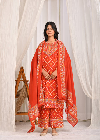 Ethnic Floral Printed & Hand Embroidered Straight Fit Kurta with Palazzo & Dupatta - Rust