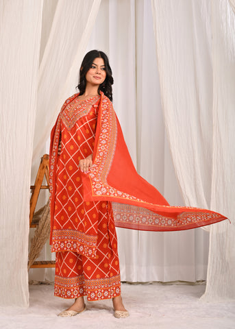 Ethnic Floral Printed & Hand Embroidered Straight Fit Kurta with Palazzo & Dupatta - Rust