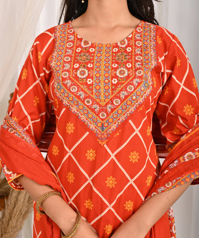 Ethnic Floral Printed & Hand Embroidered Straight Fit Kurta with Palazzo & Dupatta - Rust